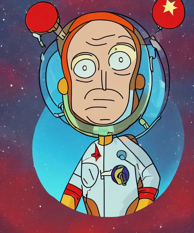 Prompt: portrait of yuri gagarin as rick from rick and morty, spacesuit with closed helmet, flag of ussr, 2 d cartoon