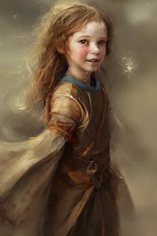 Image similar to medieval little girl, joyful, hope, close - up portrait, intricate, elegant, volumetric lighting, scenery, digital painting, highly detailed, artstation, sharp focus, illustration, concept art, ruan jia, steve mccurry