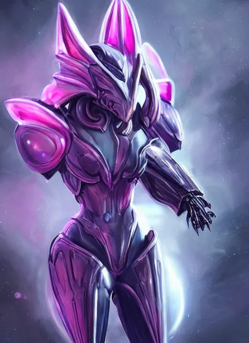 Image similar to cinematic bust shot, cosmic sized proportional stunning beautiful hot female warframe, detailed robot mecha female dragon head, metal ears purple eyes, sleek silver armor, fuschia skin, floating in empty space, nebula sized, posing elegantly, epic proportions, epic size, epic scale, furry art, dragon art, giantess art, warframe fanart, furaffinity, deviantart