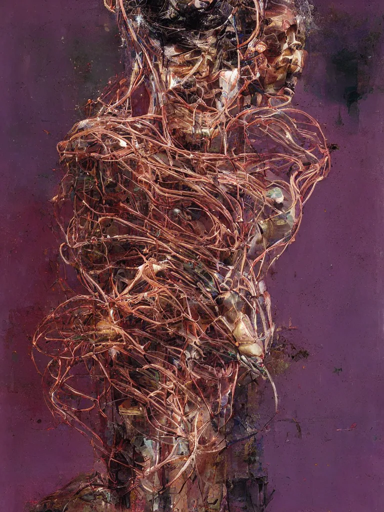 Image similar to a beautiful glitched painting by robert proch of an anatomy study of the human nervous system, color bleeding, pixel sorting, copper oxide and rust materials, brushstrokes by jeremy mann, cold top lighting, pastel purple background