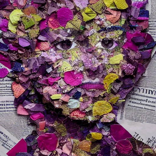 Image similar to a portrait of a woman constructed from flower petals, layered composition, layers, texture, mcu, newspaper, highly textured, layered, sculpted, dynamic,