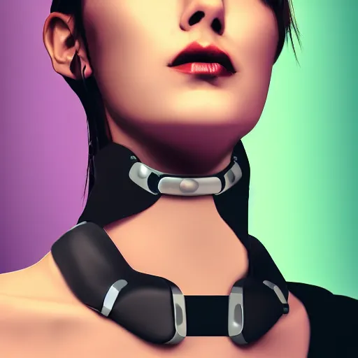 Prompt: digital artwork of woman wearing technological large steel collar, choker on neck, cyberpunk art style, 4K, portrait, punk hairstyle,