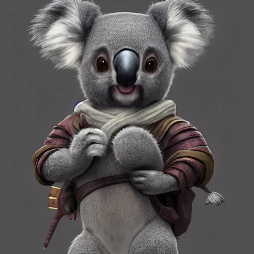 Prompt: a cute koala as polished shinobi cosplay, intricate, highly detailed, centered, weta pixar mucha loish wlop artgerm, octane render