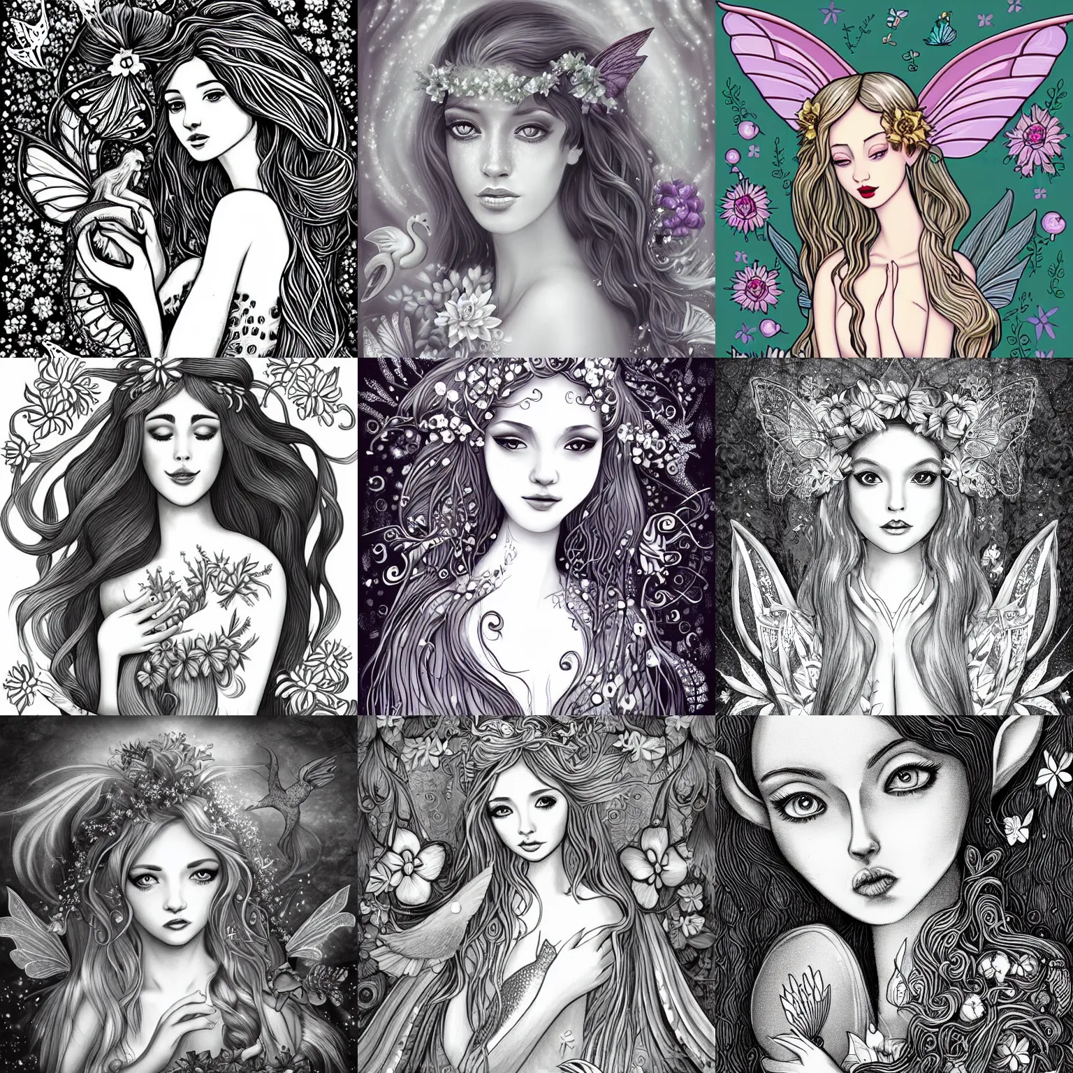 Prompt: magical illustration of ethereal fantasy creature, beautiful fairie, mermaid, female portrait with flowers, whimsical big - eyed character accompanied by animals and birds, greyscale, line art