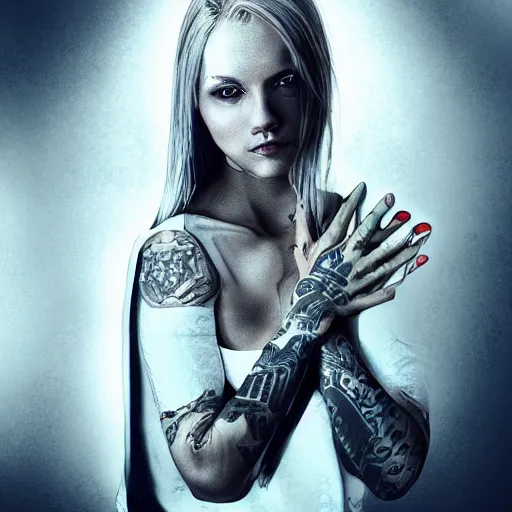 Image similar to Hot young woman, grey skinned, void eyeballs, white hair, tattoos, wearing leather jacket and wifebeater tank top, digital art, concept art, 4k,