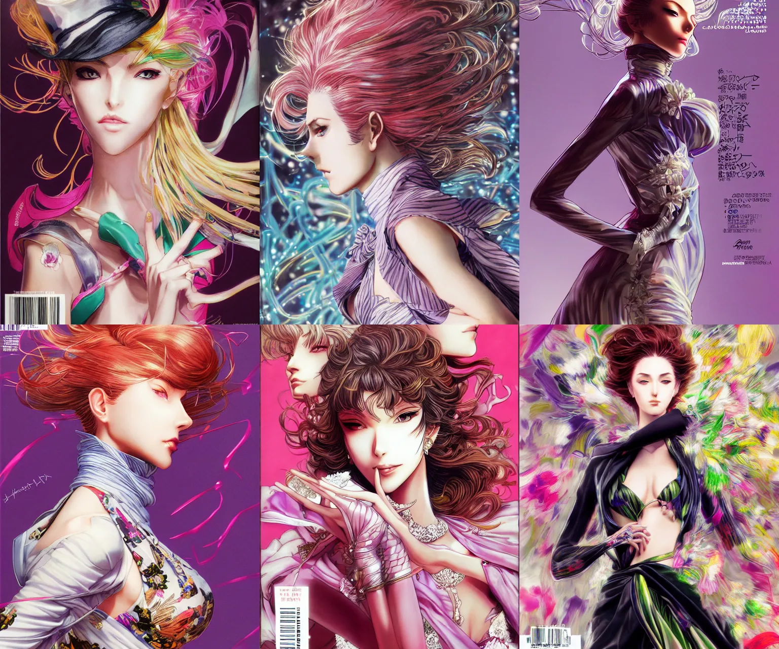 Prompt: long shot of a woman, beautiful, elegant, fashion, colorful, artstation, trending, highly detailed, focus, smooth, fashion magazine cover, posing, by hirohiko araki and yoshitaka amano