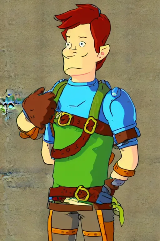 Image similar to an in game portrait of fry from futurama in the legend of zelda breath of the wild, breath of the wild art style.