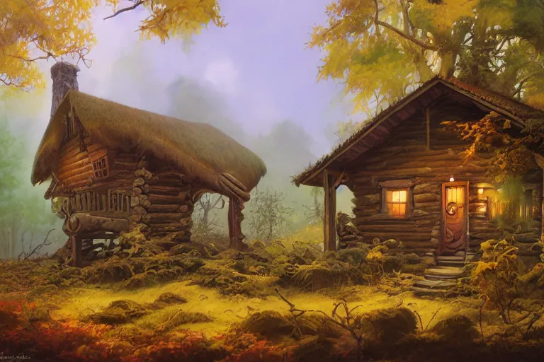 Image similar to morning autumn lonely cabin by rodney matthews, frank frazetta, trending on artstation.