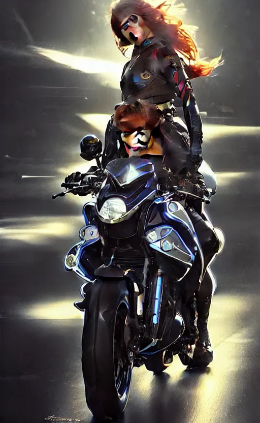 Image similar to Police female riding yamaha motorcycle, sci-fi, highly detailed, digital painting, artstation, concept art, smooth, sharp focus, illustration, art by artgerm and greg rutkowski and alphonse mucha