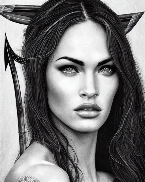 Image similar to portrait of beautiful megan fox as greek goddess aphrodite, archer, arrow on the head, beautiful piercing eyes, flowing blonde hair, realistic face, black and white drawing, in the style of greg rutkowski, fantasy, amazing detail, epic, intricate, elegant, smooth, sharp focus