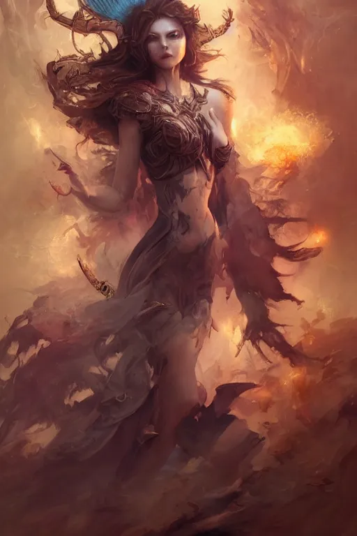 Image similar to beautiful girl sorcerer in blood skin, casting magic spell, angel, magic storm and thunder clouds, fantasy, magic the gathering, hyper detailed, 3 d render, hyper realistic detailed portrait, peter mohrbacher, wlop, ruan jia, luis royo