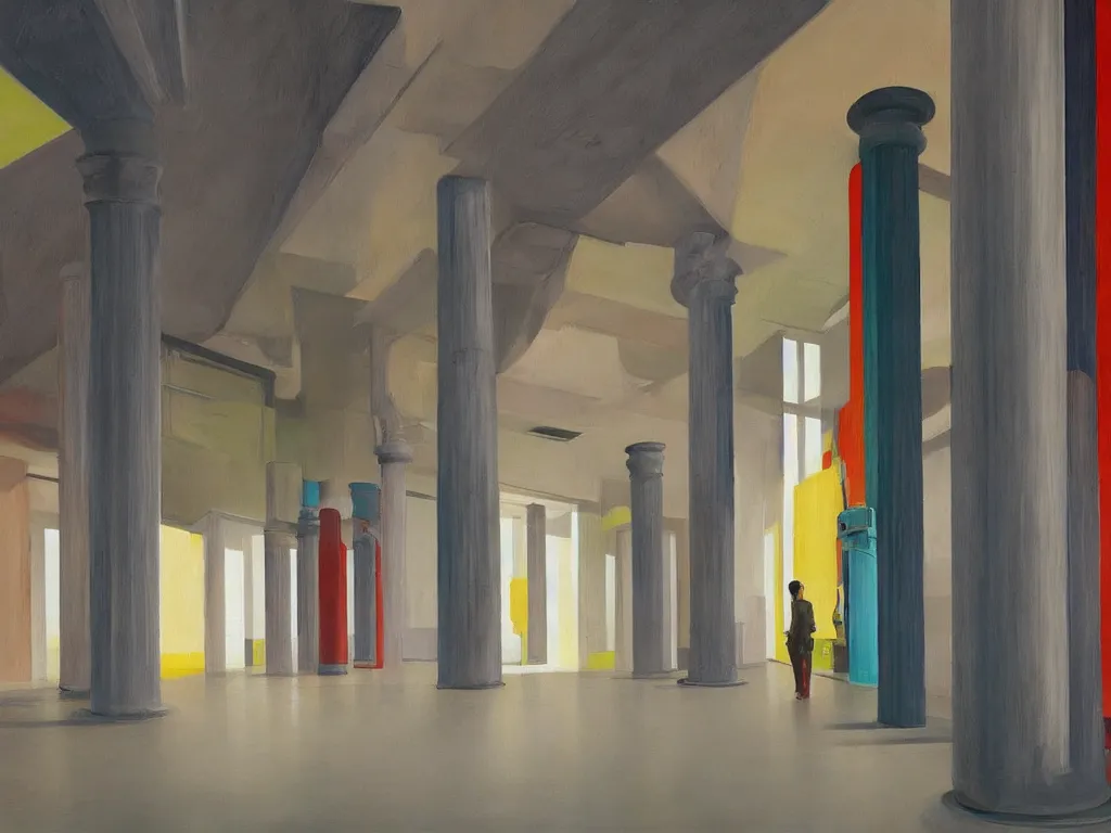 Image similar to colorful minimalist industrial interior hallway with monolithic pillars in the style of ridley scott and stanley kubrick, impossible architecture, ultra view angle view, lone person in the distance, realistic detailed painting by edward hopper