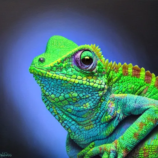 Image similar to cute chameleon colorful luminescent detailed oil painting 4 k