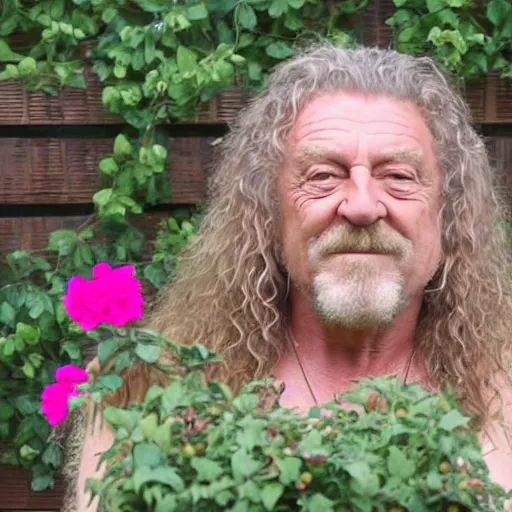 Image similar to robert plant with vines and flower pedals for hair in a large potting container 4 k