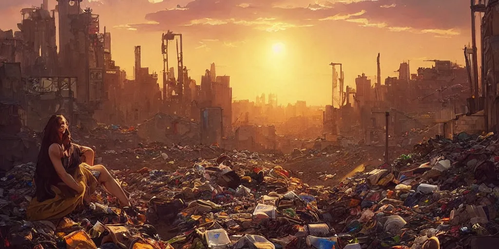 Prompt: broken window in foreground!! garbage dump, city is pure wasteland, sunset in background, detailed characters, alphonse mucha, greg rutkowski, trending on artstation, artgerm, breathtaking, sharp focus, smooth, mark arian, award winning, highly detailed 4 k art