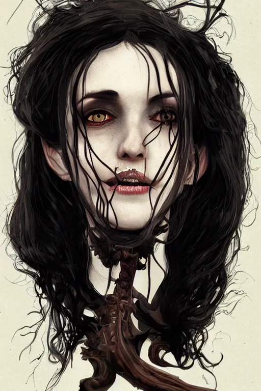 Image similar to yennefer of vengerberg in sleepy hollow, full body, big two toned eyes, teeth gritted, horror, intricate details, cinematic, epic, realistic, anatomy, tomer hanuka, uplight, artstation, photorealistic, scary