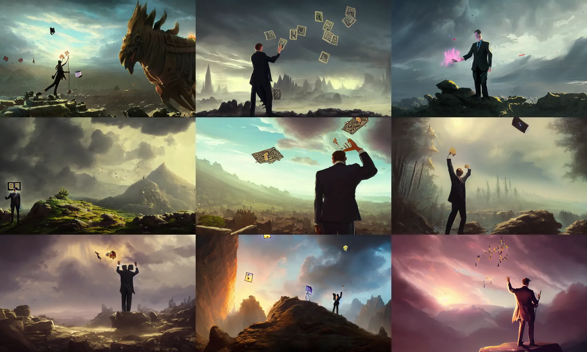 Prompt: accountant in suit casting spells with tarot cards, throwing cards in the air, landscape, cinematic view, epic sky, detailed, concept art, low angle, high detail, warm lighting, volumetric, godrays, vivid, beautiful, trending on artstation, jordan grimmer, huge scene, greg rutkowski