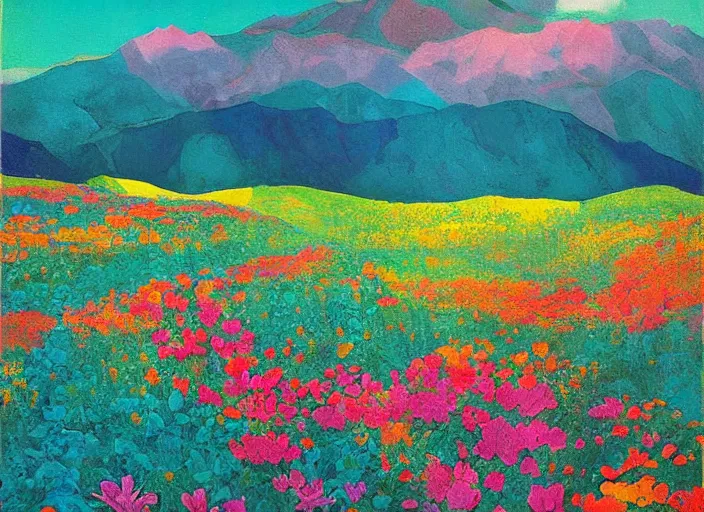 Image similar to mountain landscape in spring!!, flowers, teal landscape, dreamy light, sunny complementary palette, by and jacek yerga and tamara de lempicka and jesse king, pop surrealist, wiccan