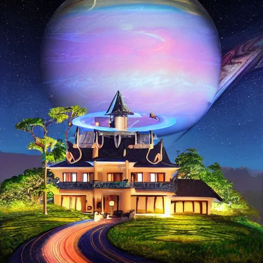 Prompt: fancy treehouse style mansion on saturn with view overlooking planet rings and space galaxy nebula background, luminescent detailed oil painting 4 k