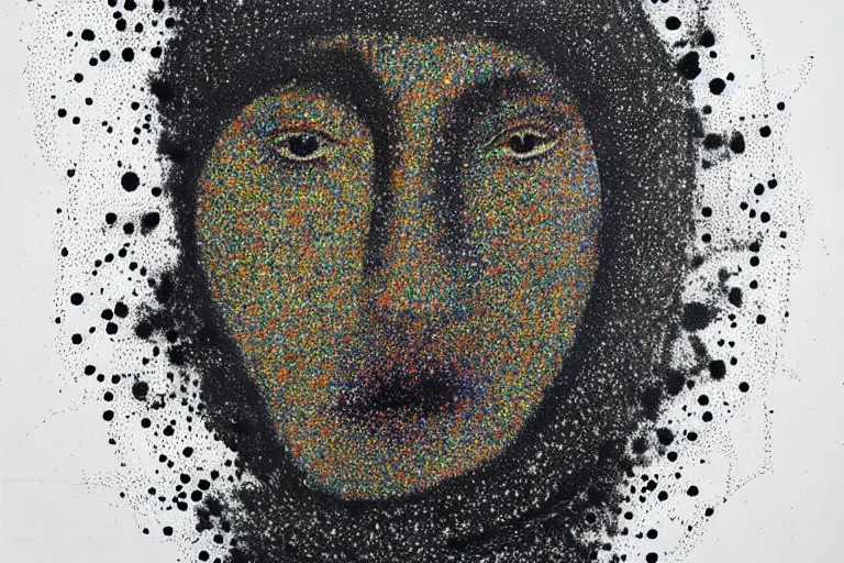 Image similar to face made out of planet, faceless people dark, dots, drip, stipple, pointillism, technical, abstract, minimal, style of francis bacon, asymmetry, pulled apart, cloak, hooded figure, made of dots, abstract, balaclava