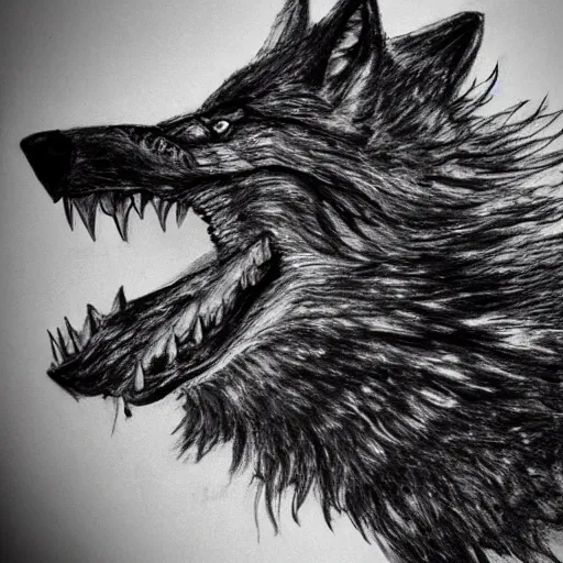 Image similar to giant armored war wolf howling to the sky, grayscale, hyperrealistic pencil sketch, cinematic, trending on artstation