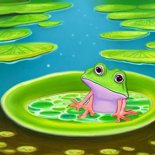 Image similar to cute children’s book illustration of a frog on a lily pad in a pond