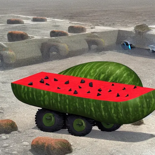 Prompt: Very very very very highly detailed Watermelon military HIMARS vehicle with epic weapons, on a battlefield in russian city as background. Less Watermelon a lot more military HIMARS vehicle, Photorealistic Concept 3D digital art rendered in Highly Octane Render, epic dimensional light