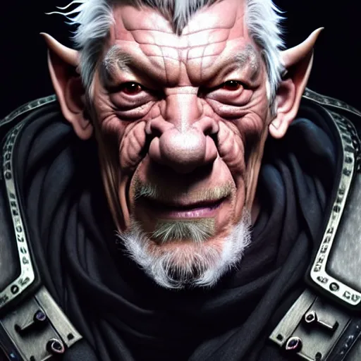 Prompt: portrait painting of a cyberpunk orc doctor muscular ian mckellen with fangs and tusks, ultra realistic, concept art, intricate details, eerie, highly detailed, photorealistic, octane render, 8 k, unreal engine. art by artgerm and greg rutkowski and charlie bowater and magali villeneuve and alphonse mucha