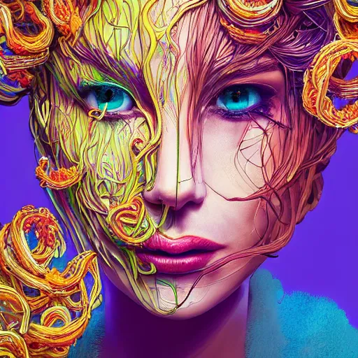 Image similar to the portrait of a ridiculously beautiful and elegant woman partially made of onion rings of all colors, an ultrafine detailed illustration by james jean, final fantasy, intricate linework, bright colors, behance contest winner, vanitas, angular, altermodern, unreal engine 5 highly rendered, global illumination, radiant light, detailed and intricate environment