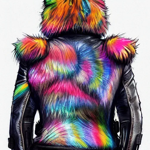 Image similar to wide angle full body, jacket wearing fluffy cute rainbow kitten wearing a black leather motorcycle jacket, cinematic concept art