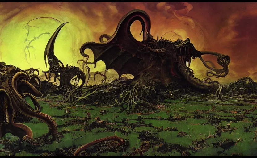 Image similar to cthulhu devouring farmland. highly detailed science fiction painting by norman rockwell, frank frazetta, and syd mead. rich colors, high contrast, gloomy atmosphere, dark background. trending on artstation