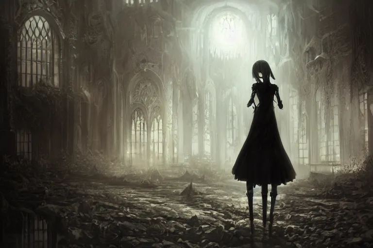 Prompt: ultra realist soft painting of a gothic princess in the world of Lovecraft, anime style, very intricate details, ultra dense fog, golden ratio, volumetric black and white lighting, reflections, refractions, symmetry accurate anatomy features, unreal render