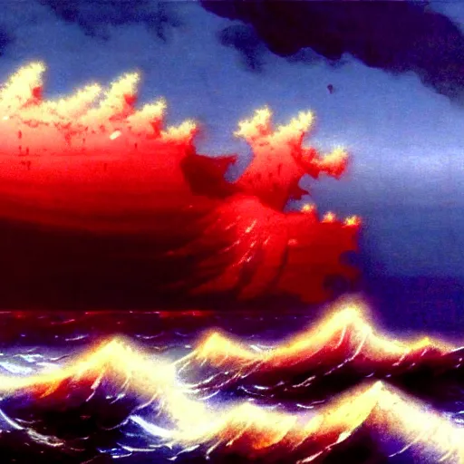 Image similar to bloody ocean, rusted iron ship sinking in red blood ocean, by hideaki anno, Ivan Aivazovsky, junji ito, hd 8k,