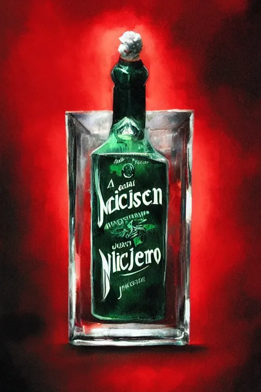 Prompt: a bottle of jack nicholson, jack nicholson inside the bottle, by artgerm and greg rutkowski