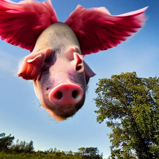 Prompt: national geographic photograph of a flying pig with big pink wings, photbomb by an alpaca, soaring through the sky, flying above other pigs. daylight, outdoors, wide angle shot