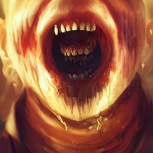 Prompt: portrait painting of a vampire monster, mysterious atmospheric lighting, feral, teeth, a bit of blood, manor, medieval, dark fantasy, painted, intricate, volumetric lighting, rich deep colours masterpiece, golden hour, sharp focus, ultra detailed, by ruan jia