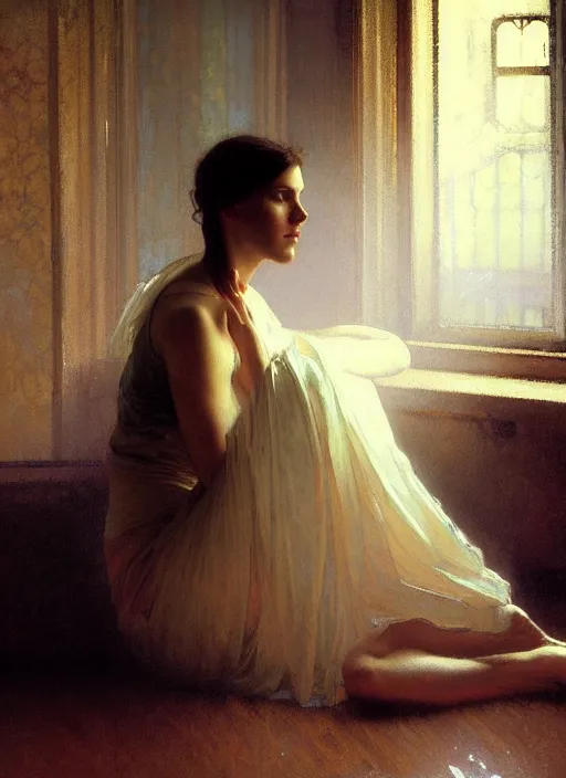 Prompt: a portrait of beautiful woman sitting on the floor, inside an old apartment, detailed oil painting, misty, ethereal, soft lighting, by craig mullins and alphonse mucha and jeremy mann