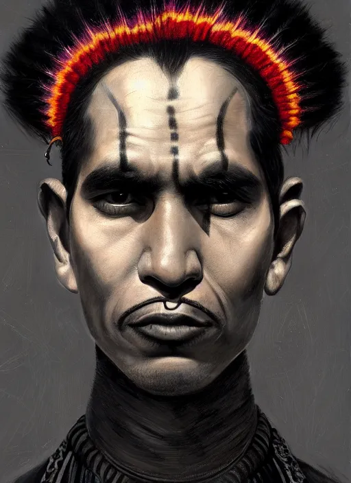 Image similar to portrait of an indigenous man with a crooked nose and a confident expression, 1 9 6 0 s, black clothes, goth, punk, brightly coloured hair, funk, intricate, elegant, highly detailed, digital painting, artstation, concept art, smooth, sharp focus, illustration, art by wlop, mars ravelo and greg rutkowski