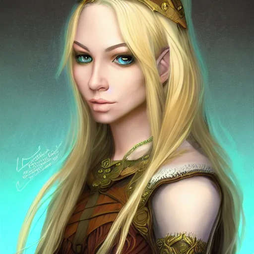 Prompt: portrait, 30 years old women :: fantasy elf :: amber eyes, long straight darkblond hair :: attractive, symmetric face :: green and brown medieval cloting, natural materials :: high detail, digital art, RPG, concept art, illustration