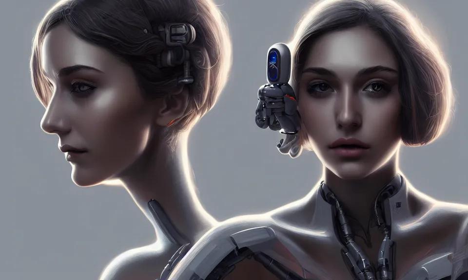 Image similar to cinematic bust portrait of beautiful girl with robot body, portrait ,cinematic, elegant, artstation, intricate, highly detailed, digital painting, artstation, concept art, sharp focus, illustration, cyberpunk, cgsociety, 8k