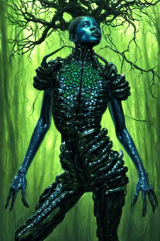 Image similar to hyperrealistic post - baroque super expressive! black woman with exoskeleton armor, merging with tree in a forest, highly detailed digital art masterpiece smooth cam de leon eric zener dramatic pearlescent blue green light ground angle hd 8 k sharp focus