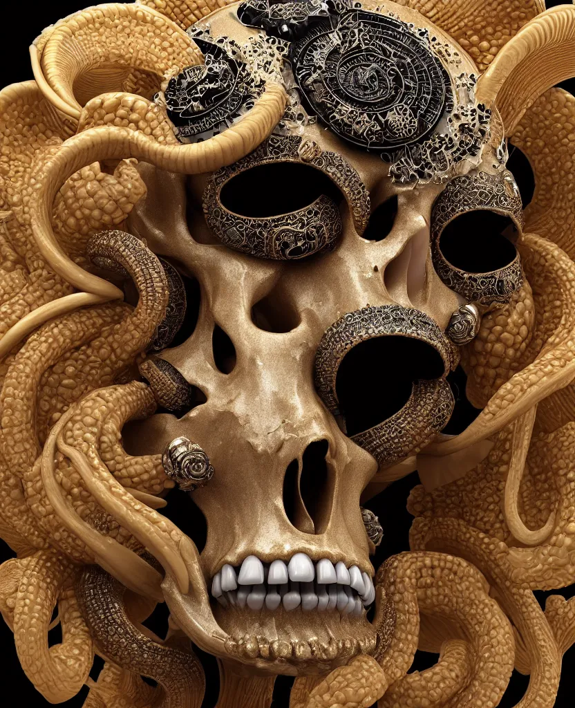 Prompt: goddess princess face close-up portrait ram skull. sculpture made of black clay and gold. jellyfish phoenix head, nautilus, orchid, skull, betta fish, bioluminiscent creatures, intricate artwork by Tooth Wu and wlop and beeple. octane render, trending on artstation, greg rutkowski very coherent symmetrical artwork. cinematic, hyper realism, high detail, octane render, 8k