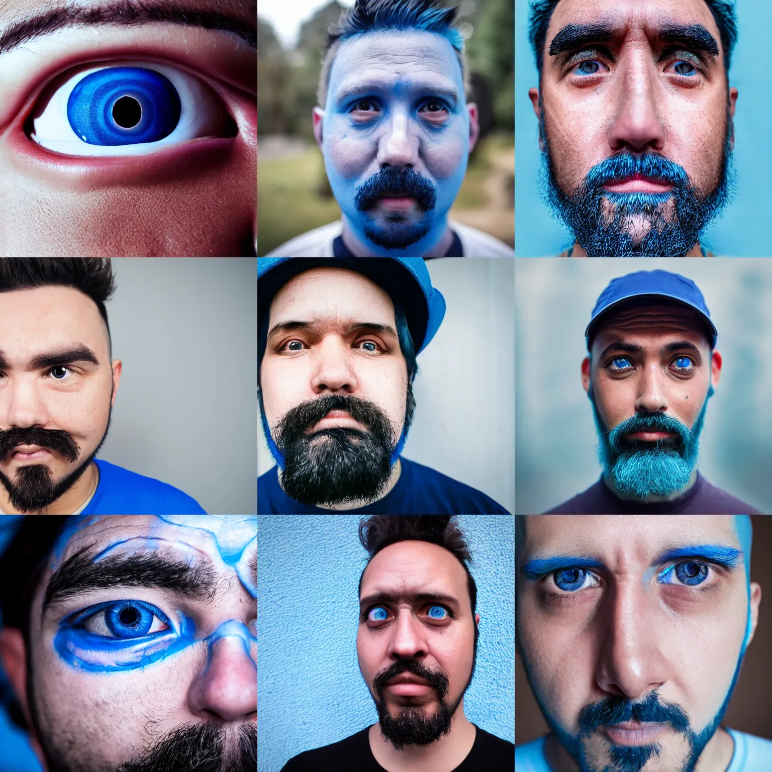 Image similar to fish eye lens close up photograph of a man with blue skin and a goatee side eyeing the camera with a sympathetic look