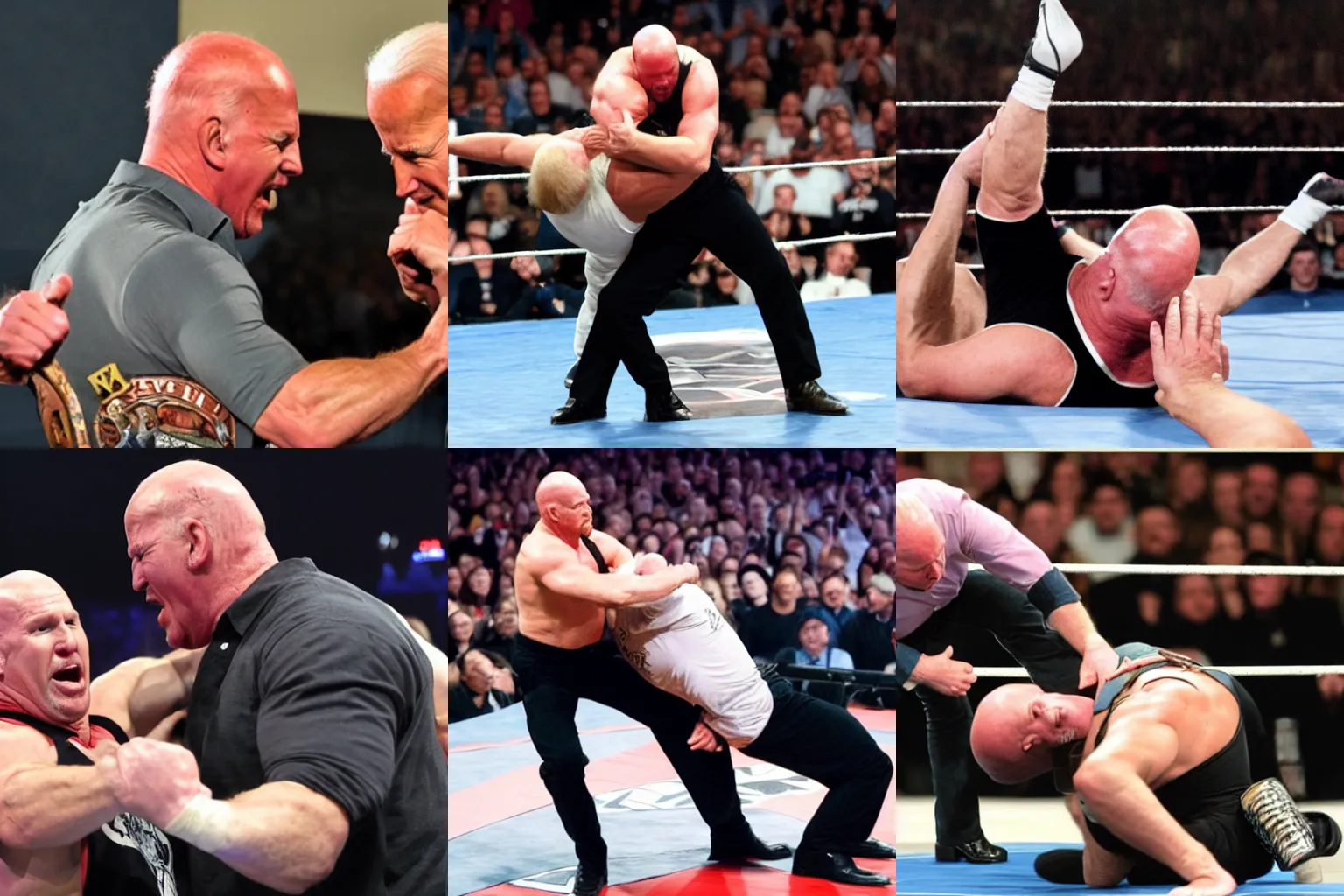 Prompt: Stone Cold Steve Austin performing a wrestling move on Joe Biden