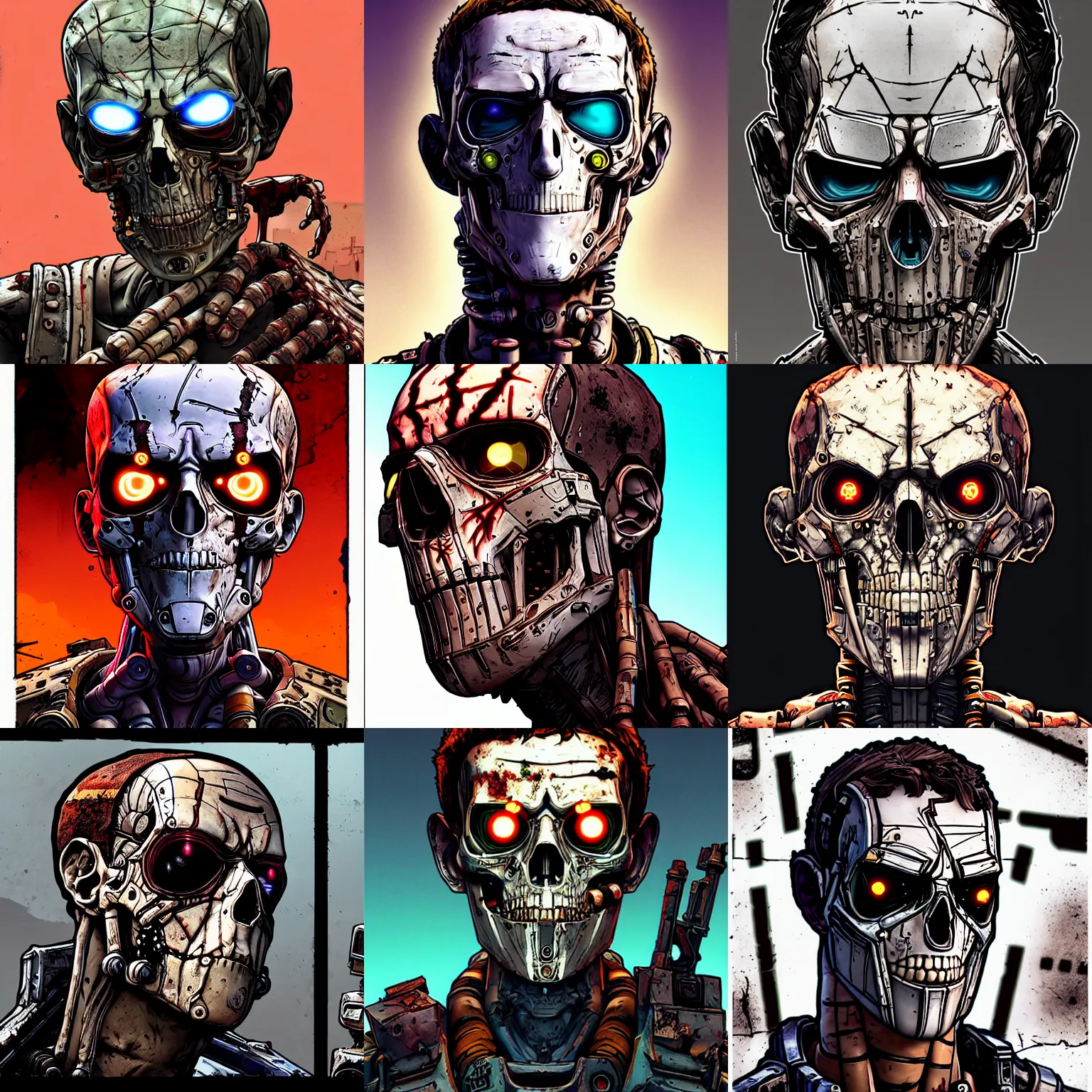 Prompt: borderlands 3 !!! mark zuckerberg! cell shaded! terminator endoskeleton scary head portrait of terminator skeleton mark zuckerberg! cyborg as Borderlands 3 concept art, llustration, postapocalyptic grunge, concept art by Laurie Greasley, highly detailed, sharp focus,alien, HQ, 4K ,art by Laurie Greasley