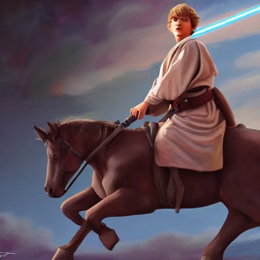 Image similar to anakin skywalker riding a pony, cinematic painting