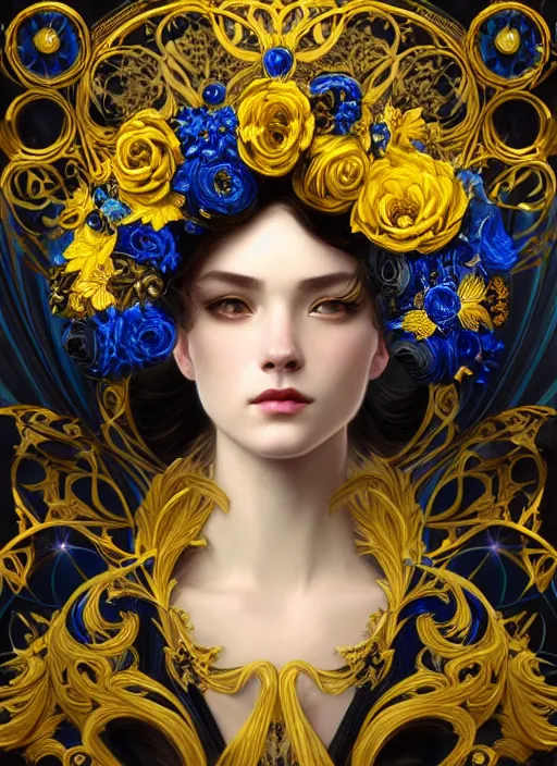 Image similar to beautiful black blue yellow, complicated gold and blue flowers in baroque style headwears, dark fantasy, intricate, elegant, highly detailed, digital painting, artstation, concept art, matte, 3 d 8 k octane rendered, sharp focus, illustration, octane rendered, art by artgerm and alphonse mucha, leesha hannigan