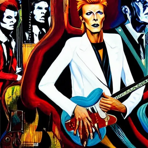 Image similar to a painting of David Bowie, wearing a white suit, sitting on a throne of guitars, in the style of Alex Ross