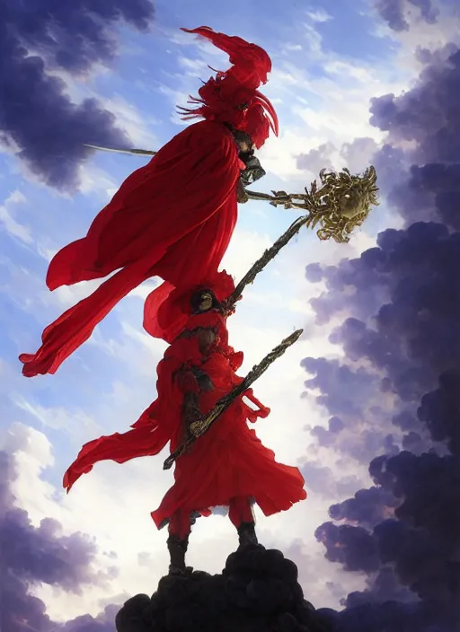 Image similar to A boisterous Red Mage wearing striped shining armor and a feathered hat holding a staff of power surrounded by an epic cloudscape. Magus. Red Wizard. Morpheus. masterpiece. 4k digital illustration. by Ruan Jia and Artgerm and Andreas Rocha and William-Adolphe Bouguereau and Edmund Blair Leighton. award winning, Artstation, intricate details, realistic, Hyperdetailed, 8k resolution. Concept Painting. Key Art