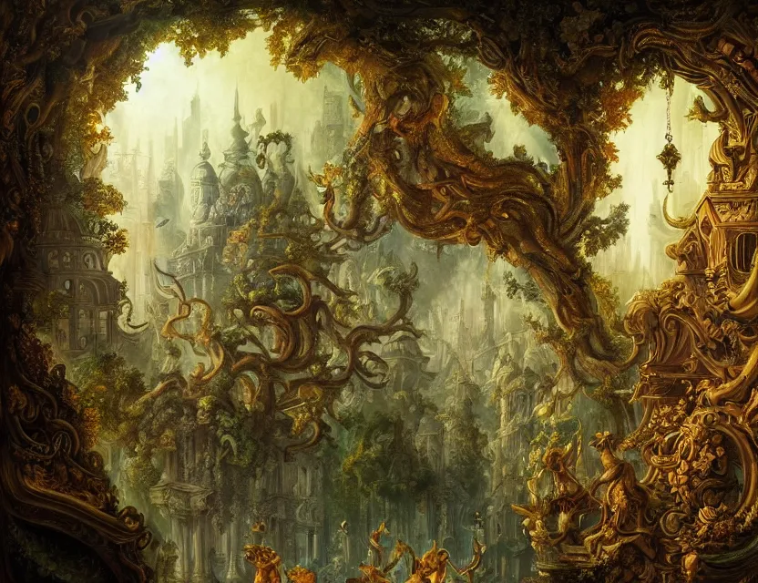 Image similar to forest spirit lost in a metropolis. this rococo painting by the award - winning artist has dramatic lighting, an interesting color scheme and intricate details.